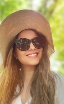 Beauty, summer holiday and fashion, face portrait of happy woman wearing hat and sunglasses, for skincare cosmetics, sunscreen spf lifestyle look idea