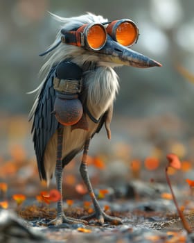 3D cartoon, a heron wearing big glasses walks through a swamp. Selective focus