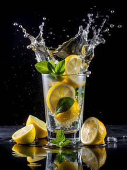 Glass of lemonade with slices of lemon and mint on black background. Lemonade splash. Ai generated image