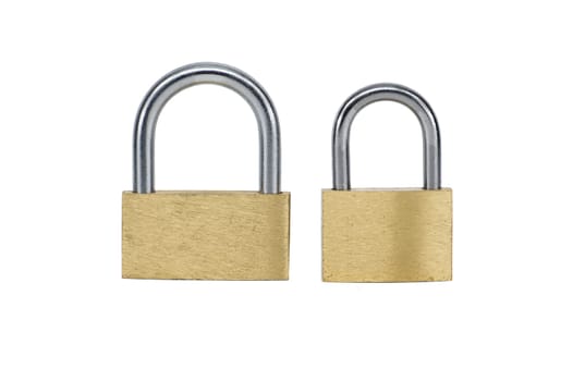 Two shiny gold padlocks that has a silver inner part isolated on white background