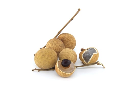 Longan fruits on branch, one of the fruits is cut open, displaying its black seed inside, dragon eye fruit or longan bao