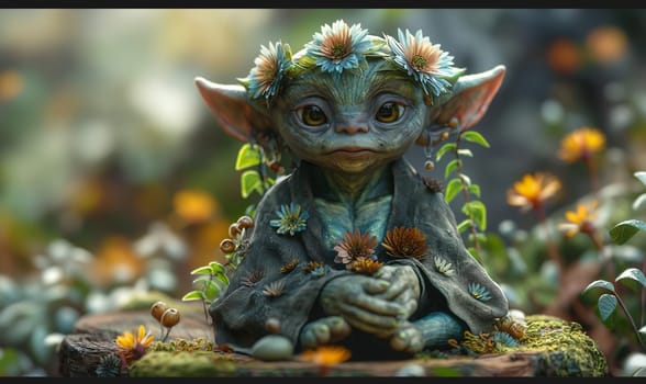 3D, cartoon goblin in the forest, close-up. Selective focus