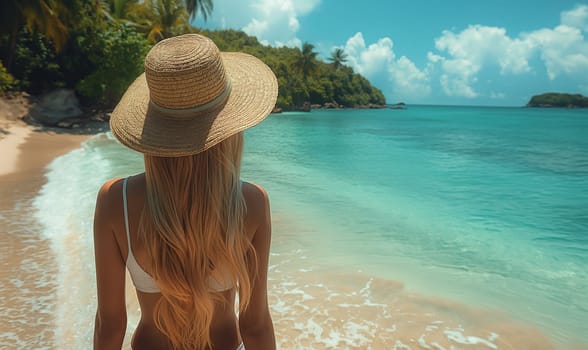 Woman in Hat Standing on Beach. Selective focus.