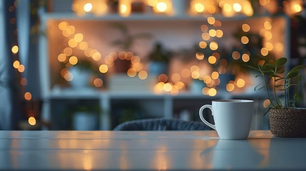 A minimalist home office with a simple desk and a cup of coffee with delicate bokeh lights in the background.