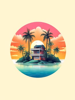 A house is on a small island in the ocean. The house is surrounded by palm trees. The sky is orange and the water is blue