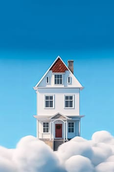 A white house is floating in the sky with clouds. The house is small and has a red door