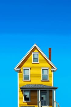 A yellow house with a blue roof and blue trim. The house is tall and has a chimney