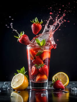 Iced strawberry lemonade with fresh mint and lemon in a glass on a black background. Lemonade splash. Ai generated image