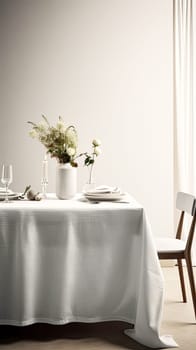 A table with a white tablecloth and a vase of flowers in the center. The table is set with plates, cups, and utensils. Scene is elegant and inviting