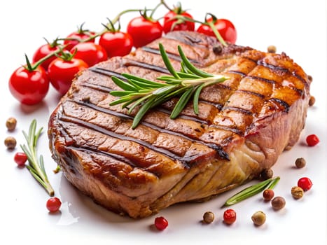 Delicious grilled steak with fresh vegetables, pepper and rosemary on a white background. AI generated image