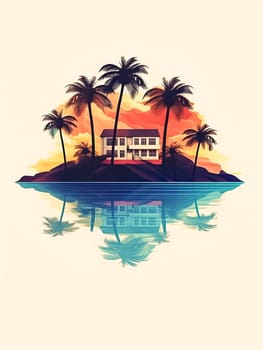 A house is on a small island in the ocean. The house is surrounded by palm trees. The sky is orange and the water is blue
