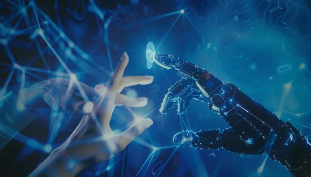 Robotic Hands Reaching Towards Each Other in Futuristic Setting, Concept of Connection by AI generated image.