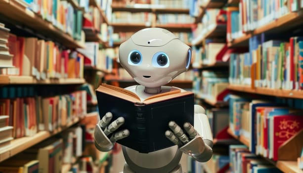 AI robot reading books in library, Concept of knowledge and learning by AI generated image.