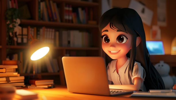 A girl is sitting at a desk with a pink laptop by AI generated image.