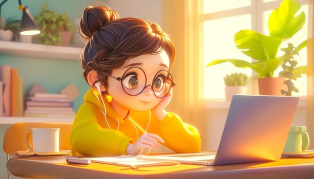 A cartoon girl is sitting at a desk with a laptop and a cup of coffee by AI generated image.