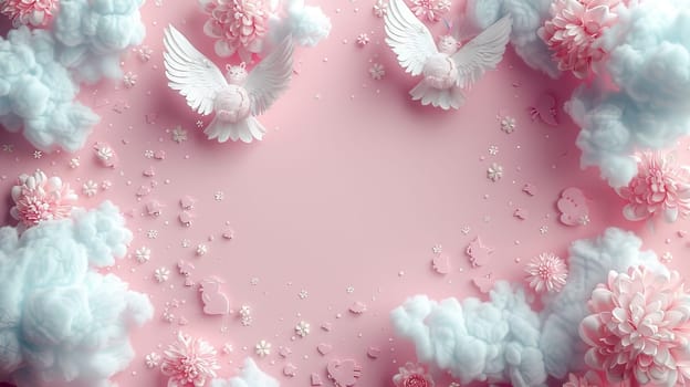 A blue background with pink flowers and clouds. Scene is light and cheerful