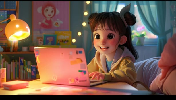 A girl is sitting at a desk with a pink laptop by AI generated image.