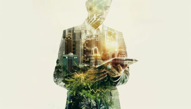 A man is standing in front of a city skyline, holding a tablet by AI generated image.