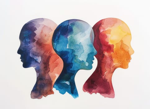 Abstract watercolor illustration of diverse people with multicolored hair and skin tones on white background
