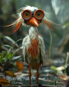 3D cartoon, a heron wearing big glasses walks through a swamp. Selective focus