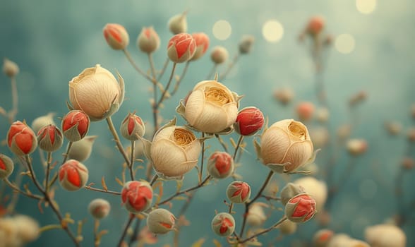 Branch with flowers on a blue background. Selective focus.