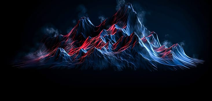 A mountain range with red and blue colors. The mountains are very tall and the sky is dark