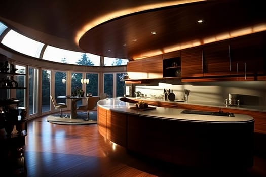 A large kitchen with a curved counter and a stainless steel refrigerator. The kitchen is well lit and has a modern, sleek design