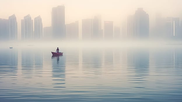 A man is in a boat on a lake in the city. The sky is cloudy and the water is calm