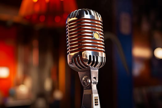 A microphone is on a table in a dimly lit room. The microphone is silver and has a black cord