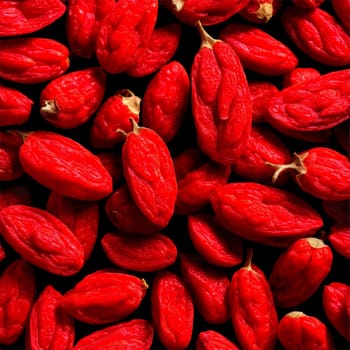 Dried goji berries bright red with a subtle sheen dancing vivaciously as if celebrating life. Food isolated on transparent background.