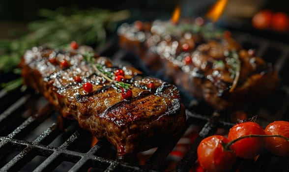 Pieces of meat cooked on the grill. Selective focus