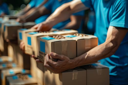 A group of volunteers organized donated items in cardboard boxes at the community center. Donate concept.