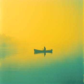 A person in a watercraft on a tranquil lake with a yellow sky, surrounded by a stunning natural landscape. Enjoying boating and recreation on the water