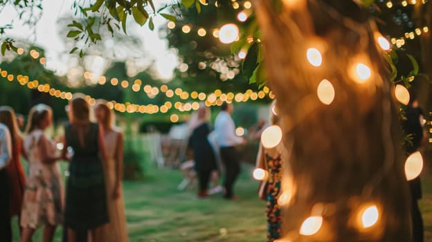 Outdoor wedding reception, warm glow of the lights creates a magical atmosphere as guests gather, the background is slightly blurred, joyful ambiance of the celebration, romantic and festive evening wedding celebration