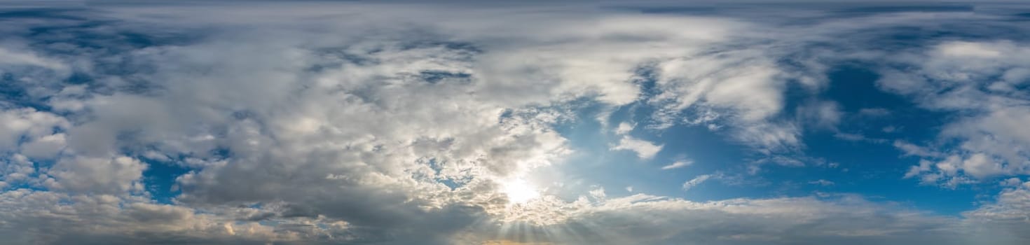 Blue sky with Cumulus clouds Seamless panorama in spherical equirectangular format. Complete zenith for use in 3D graphics, game and for composites in aerial drone 360 degree panoramas as a sky dome.