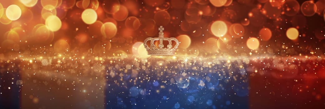 French flag and crown on bokeh lights background for elegant travel, culture, and royalty concepts