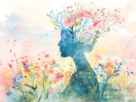 Woman with floral hair accessories and elegant headpiece in watercolor portrait for beauty and art themes