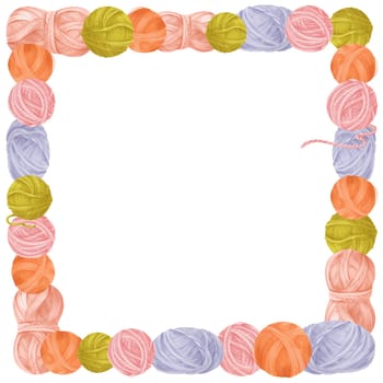 A square watercolor frame, ideal for crafting blogs, knitting tutorials, or DIY-themed designs. This charming illustration features vibrant yarn skeins made of cotton and natural wool.
