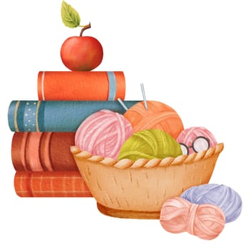 A watercolor illustration. a stack of books with an apple, several yarn skeins with knitting needles, and glasses in a woven basket. for educational materials, crafting tutorials, or lifestyle blogs.