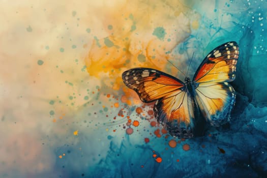 Butterfly beauty vibrant watercolor painting of butterfly on blue and orange background with splatters