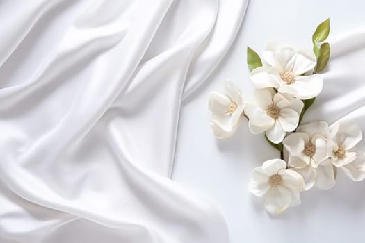 Floral composition. White flowers on white fabric. Flat lay, top view, copy space.