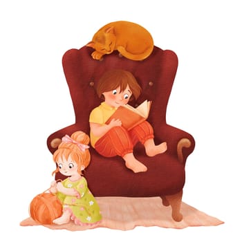 A homey composition featuring a boy and a girl with a cat beside an armchair. The sister plays with a yarn ball while the brother reads a book. The kitten sleeps nearby. Watercolor illustration.