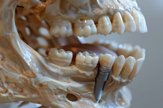 Dental implantation, teeth with implant screw. ai generative.