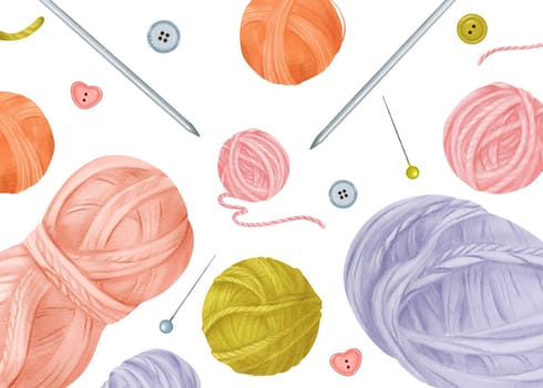 A horizontal composition featuring colorful wool skeins, needles, buttons, and knitting needles. Perfect for crafting blogs, knitting tutorials, or DIY-themed designs. Watercolor illustration.