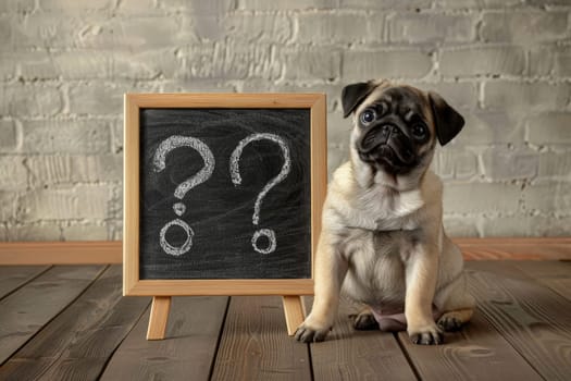 a pug dog sitting with question marks on black board.