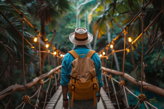 a man with a backpack is walking on a path near a lake with mountains in the background.