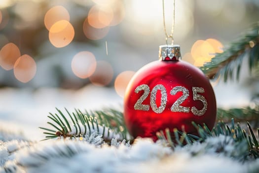 A red Christmas ornament with 2025, perfect for decorating Christmas trees and adding a festive holiday flair