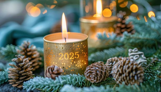 In the midst of pine cones and festive Christmas decor, a candle with the year 2025 engraved on it stands out