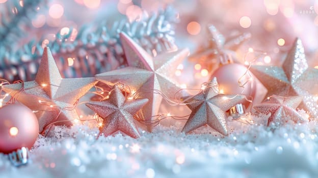 Christmas decorations scatter in the snowy landscape, creating a beautiful winter scene under the wide sky