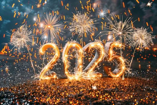 The year 2025 is displayed in sparklers with fireworks in the background, creating a festive and celebratory atmosphere